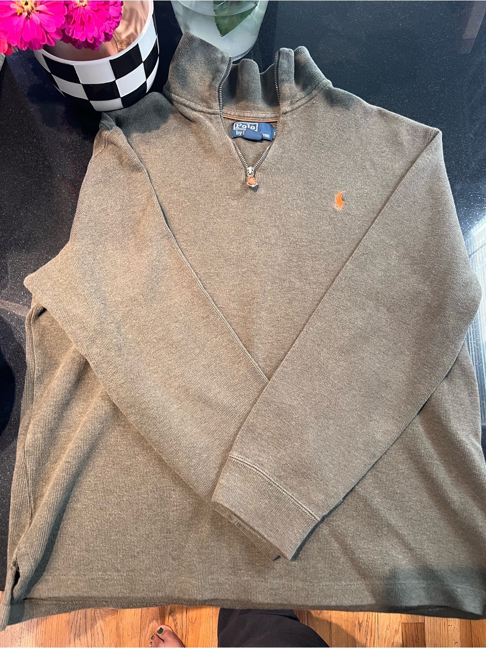 Polo by Ralph Lauren Men's Olive Quarter-Zip  - stain in back - selling as is